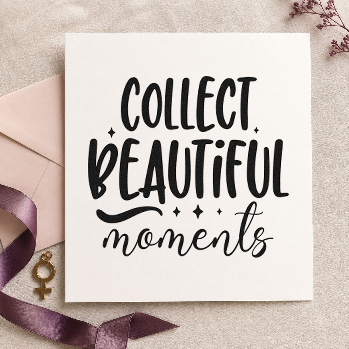 Collect Beautiful Moments Flourish craft stamp imprint in black ink on a handmade project, one idea being find jar gift tags.