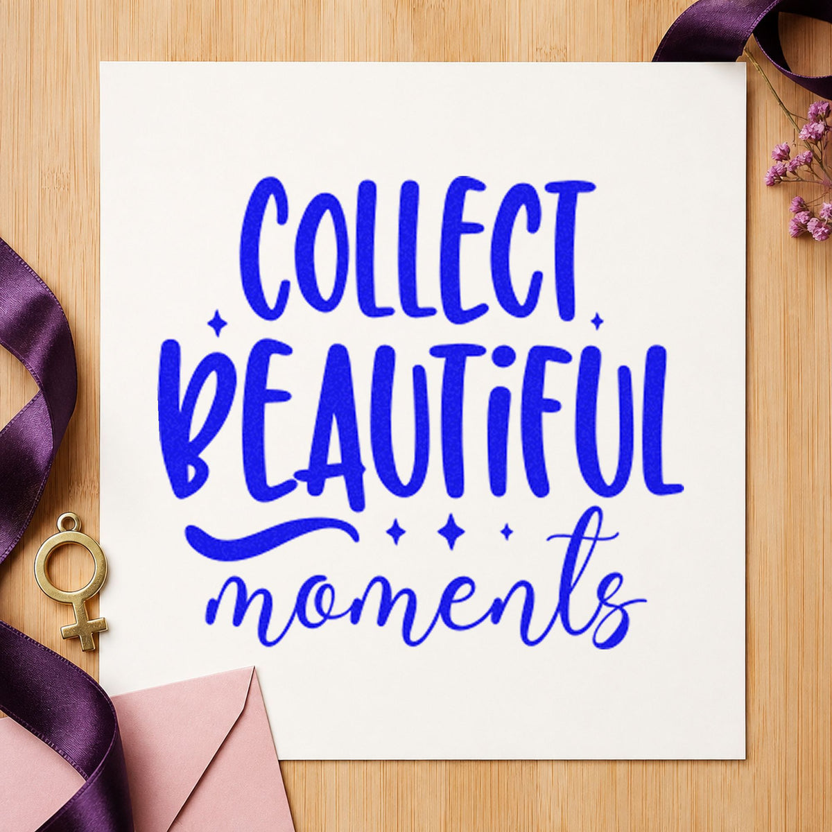 Collect Beautiful Moments Flourish craft stamp in blue ink on cardstock, an easy option for collecting bag printing.
