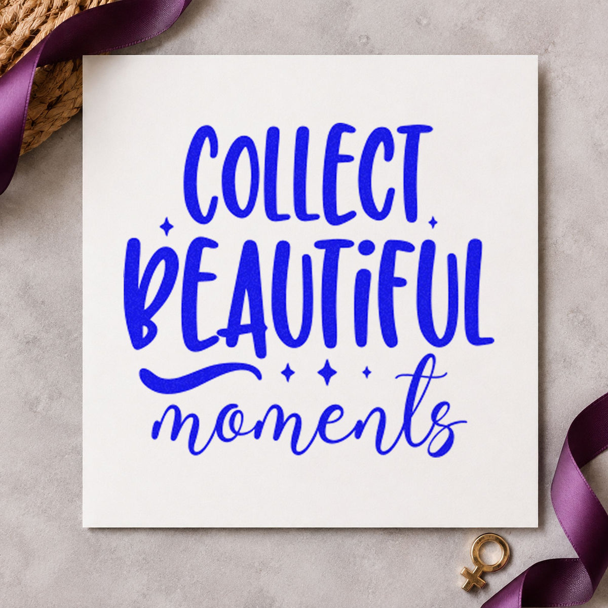 Collect Beautiful Moments Flourish craft stamp imprinted in blue ink on paper, a design suited to framed window ledge.