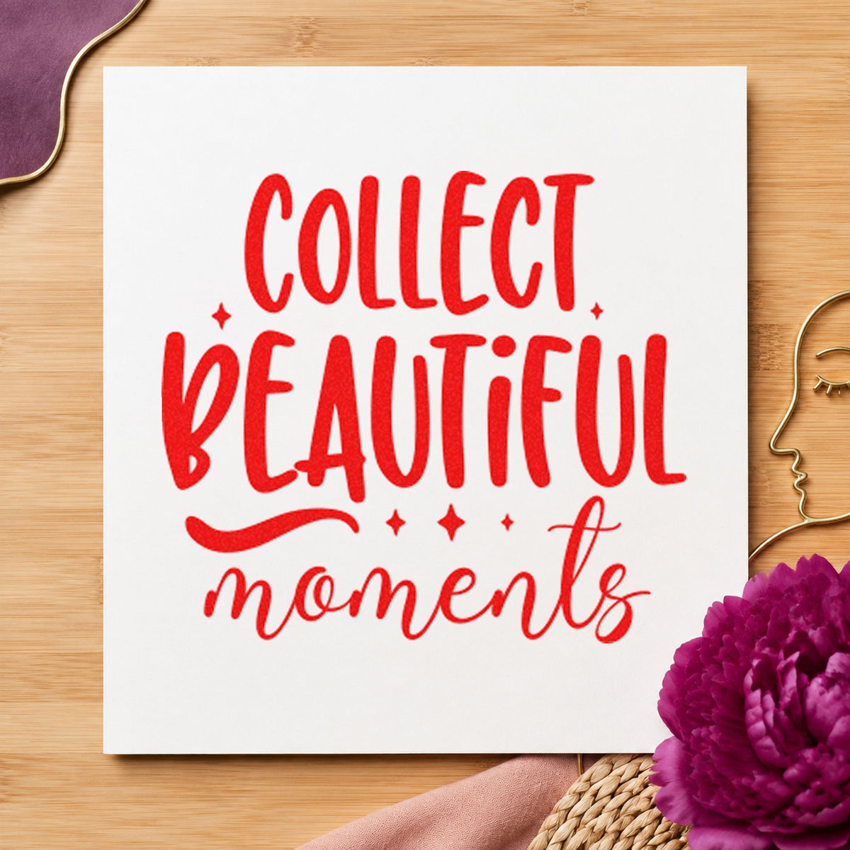 Collect Beautiful Moments Flourish rubber stamp shown in red ink, stamped for projects such as jar beach labels.