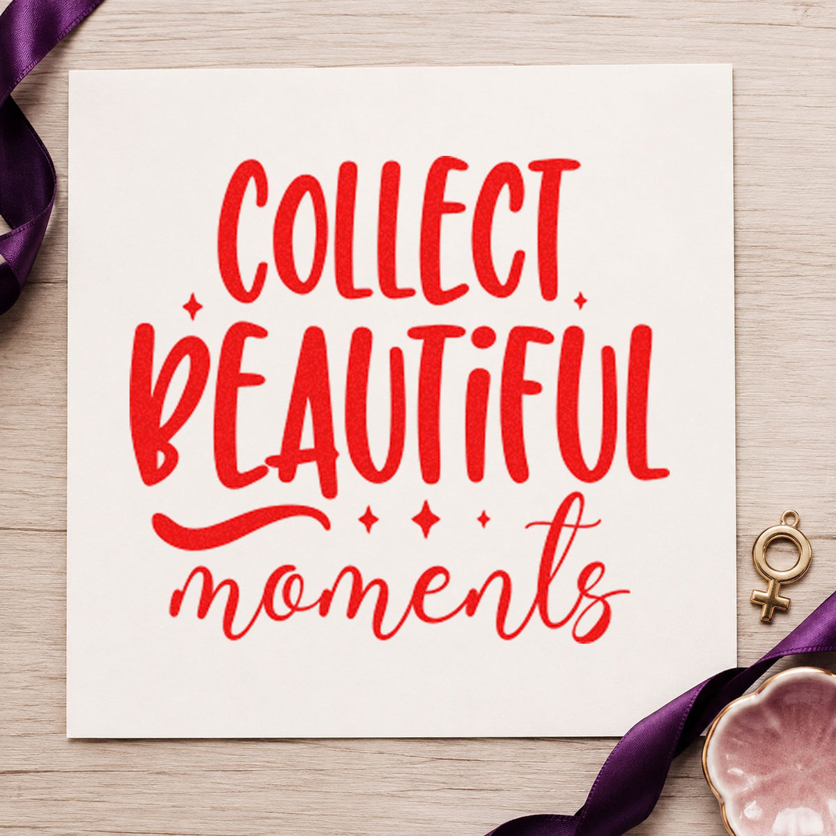 Collect Beautiful Moments Flourish craft stamp imprint in red ink on a handmade project, one idea being find note cards.