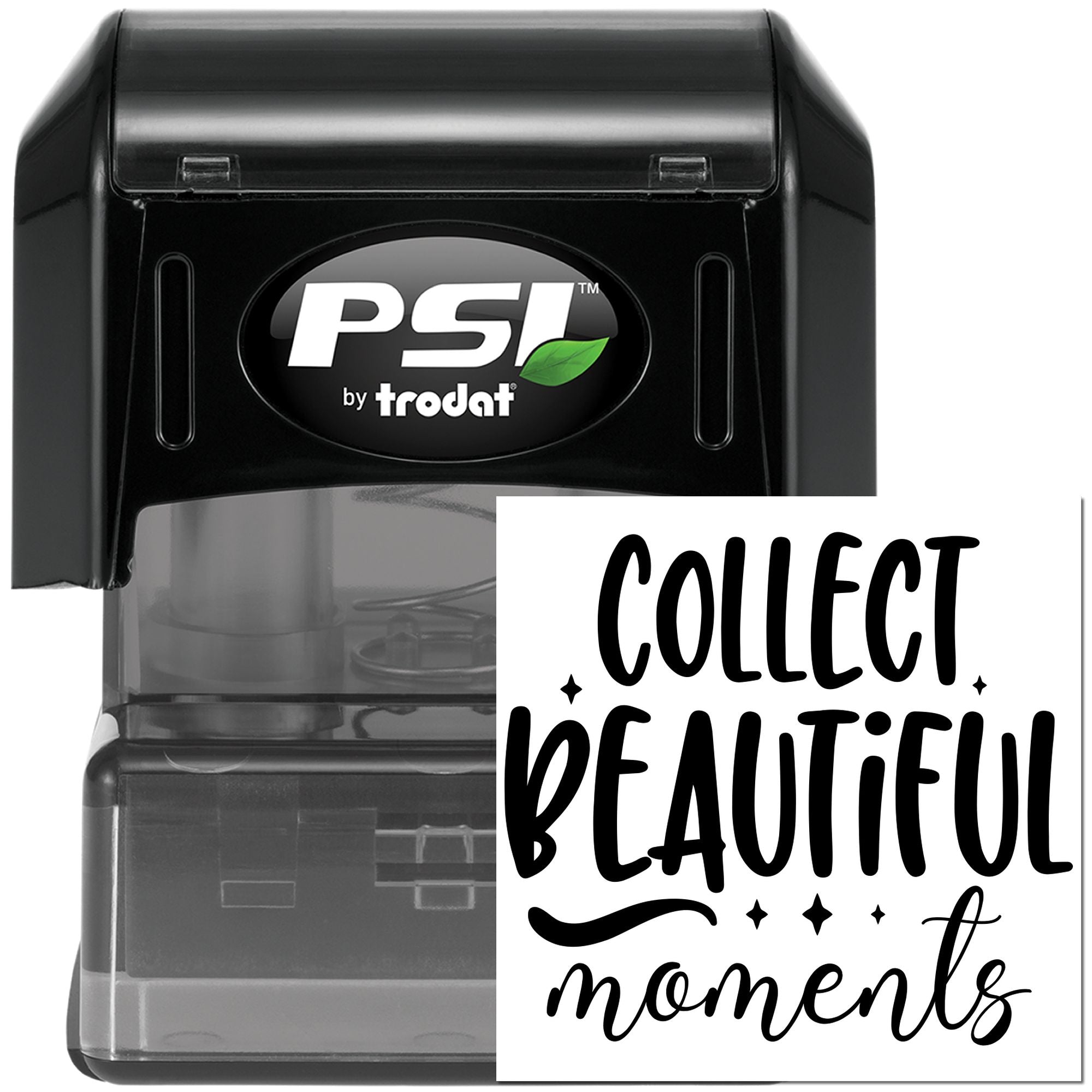 PSI by Trodat self-inking custom rubber stamp with Collect Beautiful Moments design for crafting and packaging.