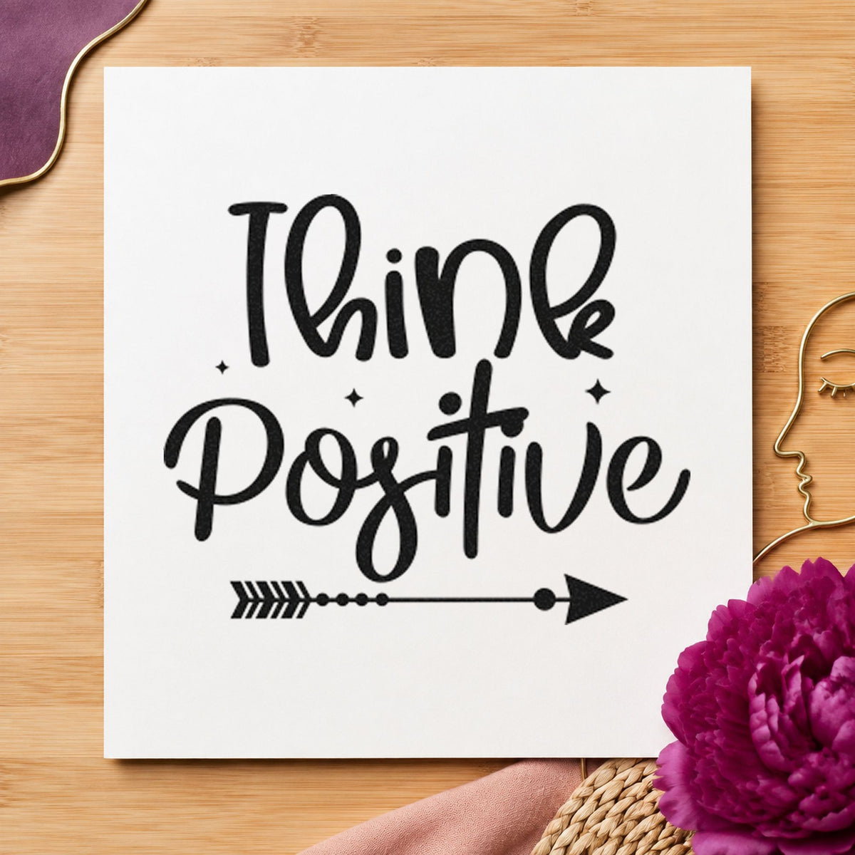 Think Positive Arrow Script craft stamp in black ink on cardstock, an easy option for league night album page.