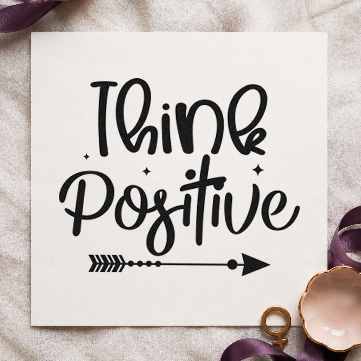Think Positive Arrow Script rubber stamp printed in black ink, ready for frame score sheet and similar paper crafts.