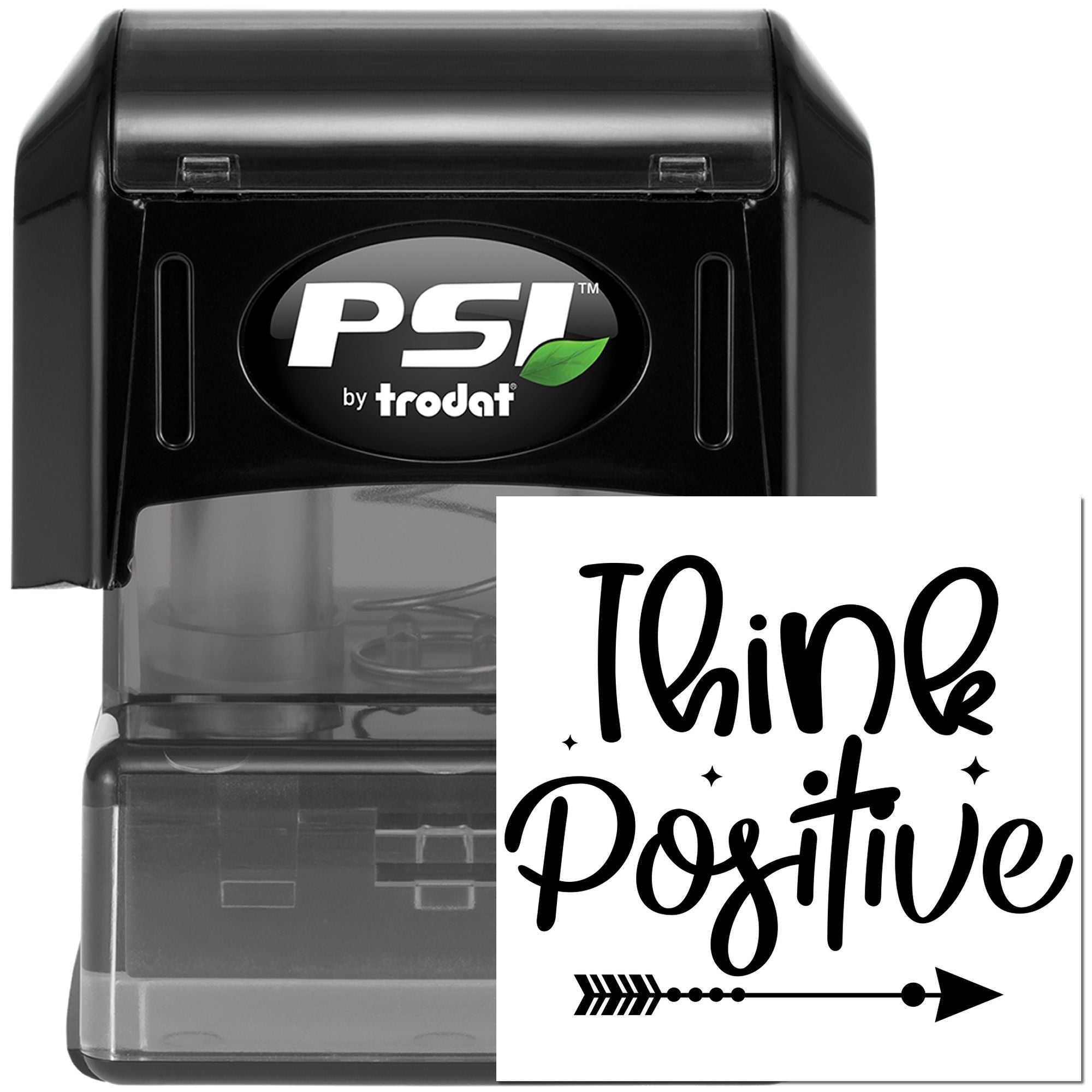 PSI by Trodat self-inking custom rubber stamp with Think Positive design for office, craft, or motivational use.