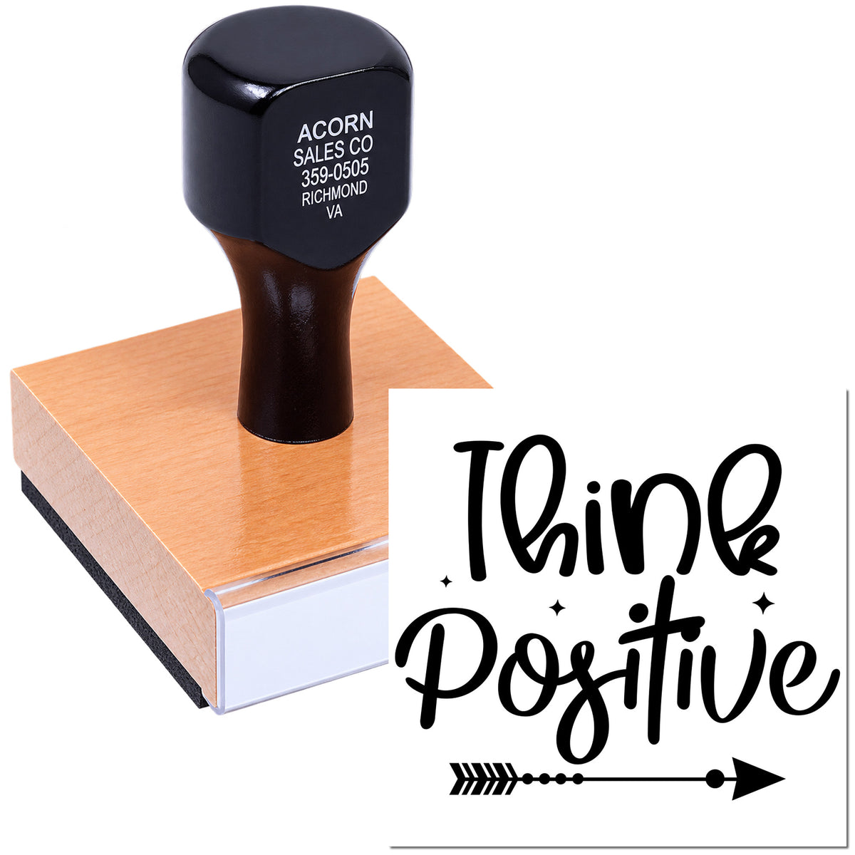 Custom rubber stamp with Think Positive design for motivational crafts, packaging, and business branding.