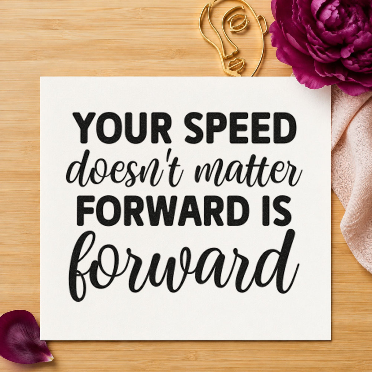 Your Speed Forward Quote craft stamp imprint in black ink on a handmade project, one idea being race kit gift tags.
