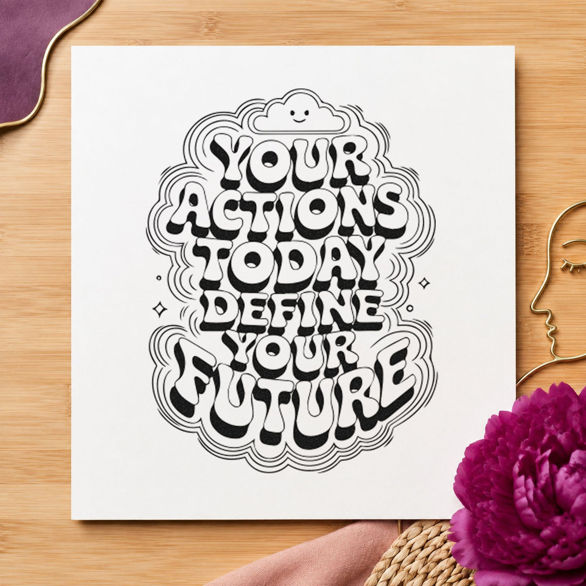 Actions Today Define Future craft stamp imprint in black ink on a handmade project, one idea being speaker gift tags.