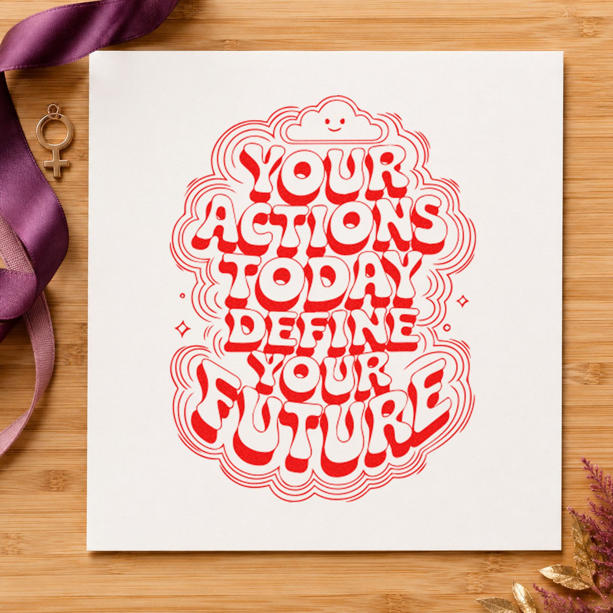 Actions Today Define Future rubber stamp shown in red ink, stamped for projects such as bin booth labels.