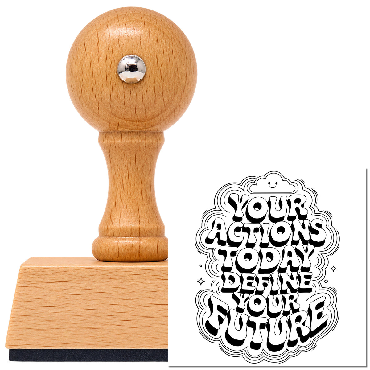 Actions Today Define Future Vintage Pro rubber stamp in European beech wood with a round knob handle, shown beside its black imprint.