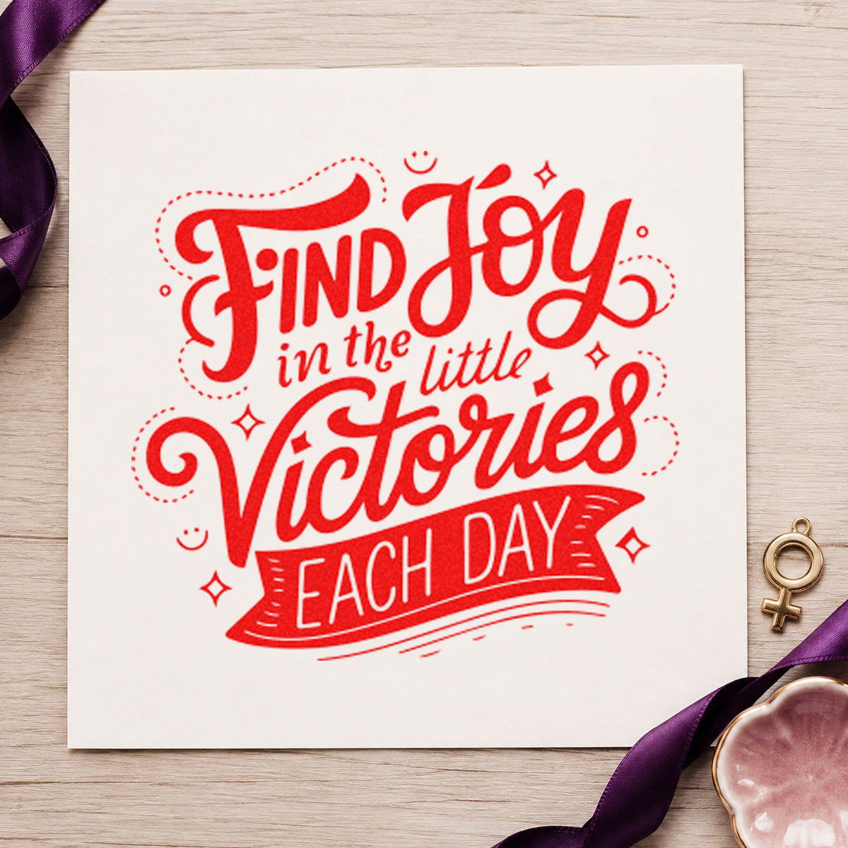 Find Joy Little Victories rubber stamp shown in red ink, stamped for projects such as shelf level labels.