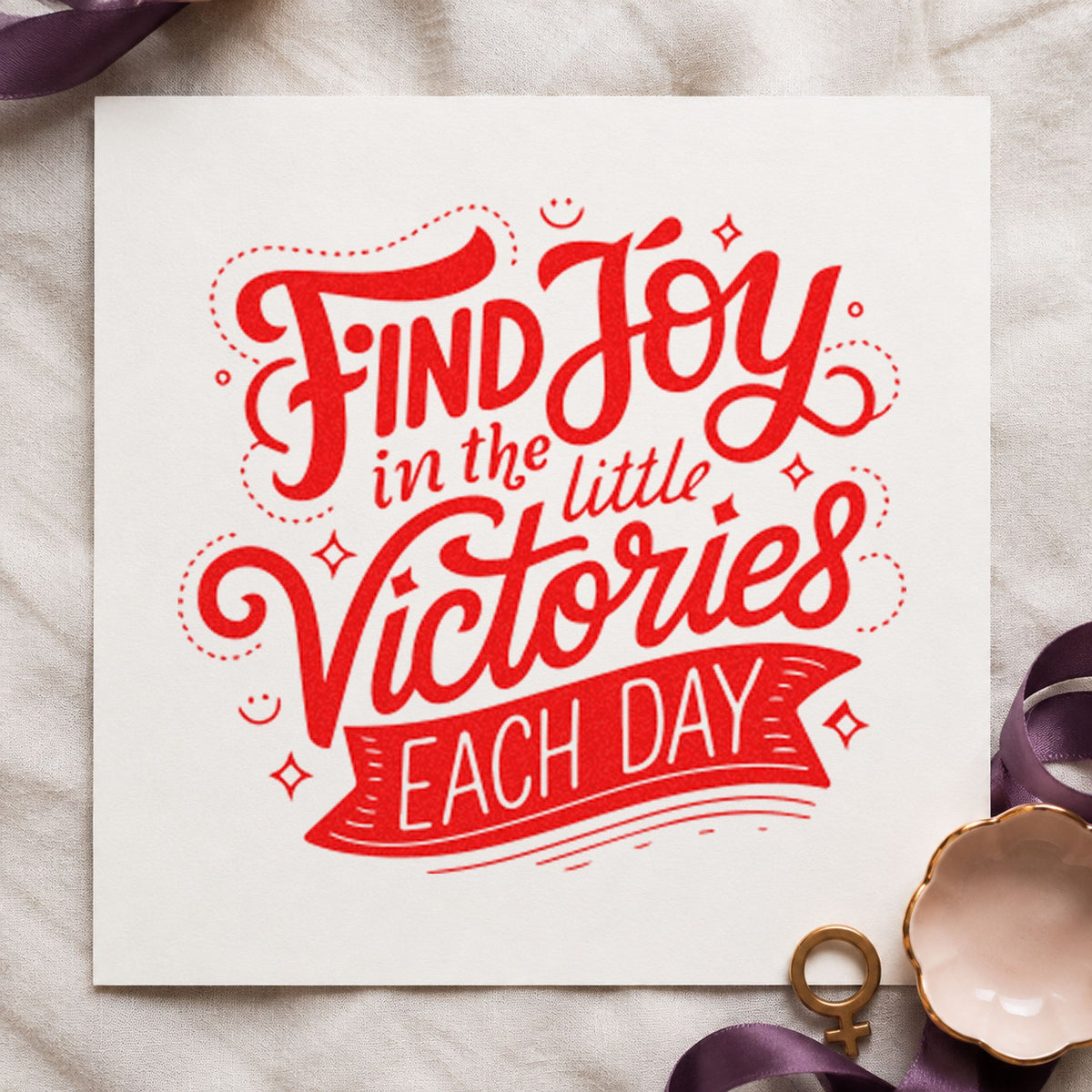 Find Joy Little Victories craft stamp imprint in red ink on a handmade project, one idea being sign drill cards.