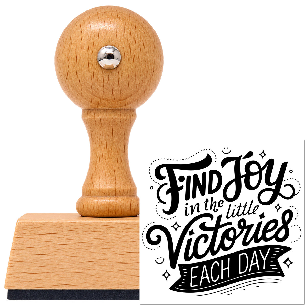 Find Joy In The Little Victories Each Day Vintage Pro rubber stamp in European beech wood with a round knob handle, shown beside its black imprint.