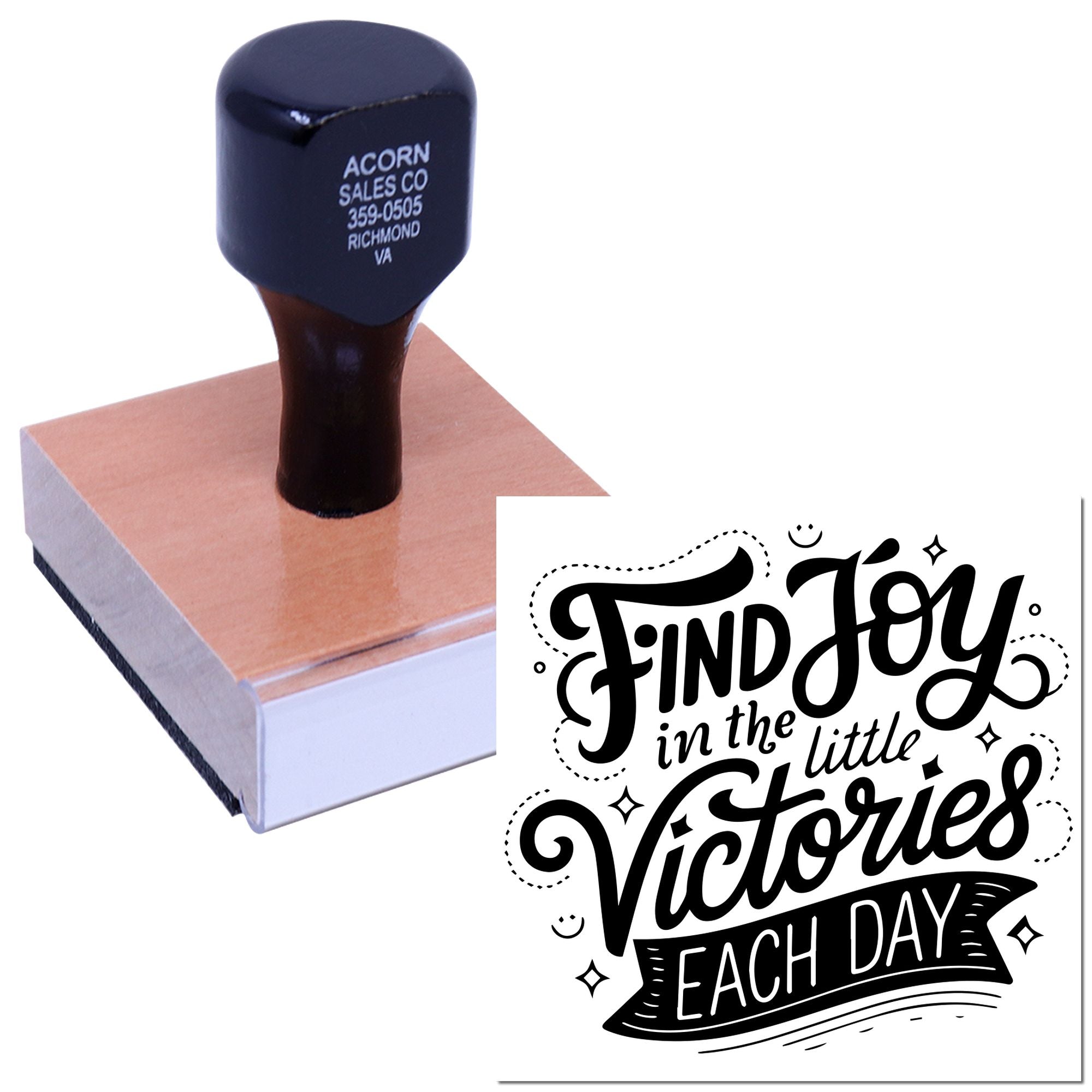 Custom rubber stamp with Find Joy in the Little Victories Each Day quote, ideal for personalized crafts, cards, and stationery.