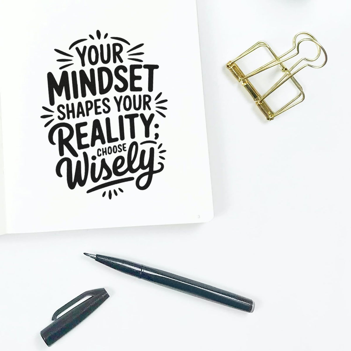 Mindset Shapes Your Reality Premium Wooden Stamp - Vintage Pro imprint stamped in black ink. YOUR MINDSET SHAPES YOUR REALITY CHOOSE Wisely appears with radiating accent strokes.