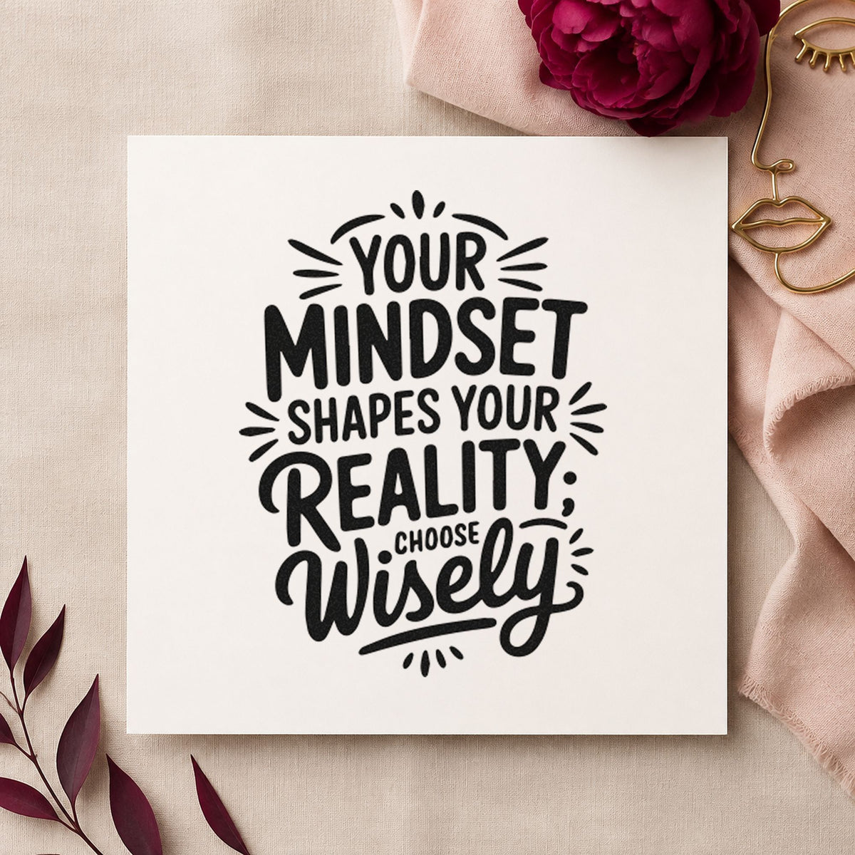 Mindset Shapes Your Reality craft stamp imprint in black ink on a handmade project, one idea being case file gift tags.