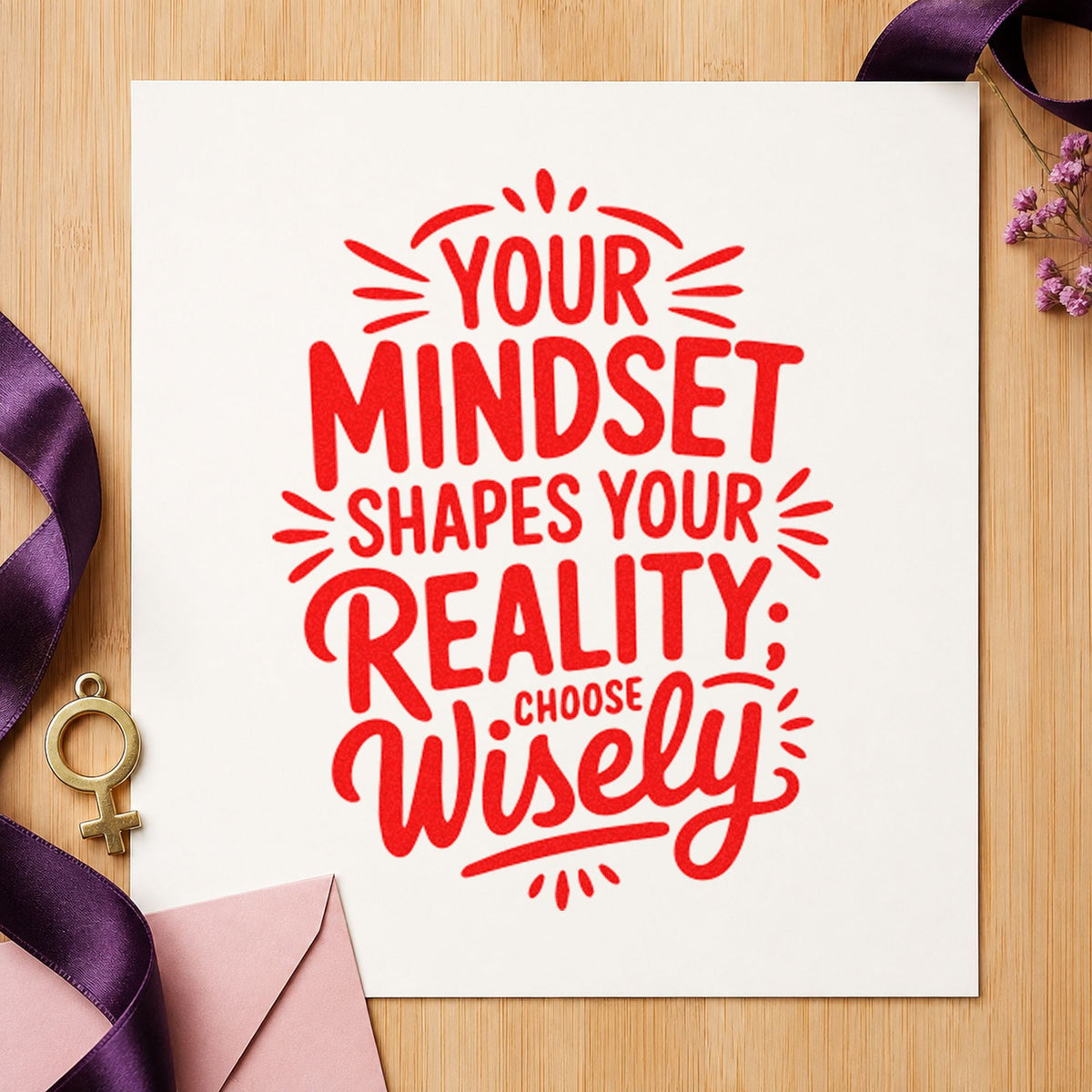 Mindset Shapes Your Reality rubber stamp shown in red ink, stamped for projects such as box evidence labels.