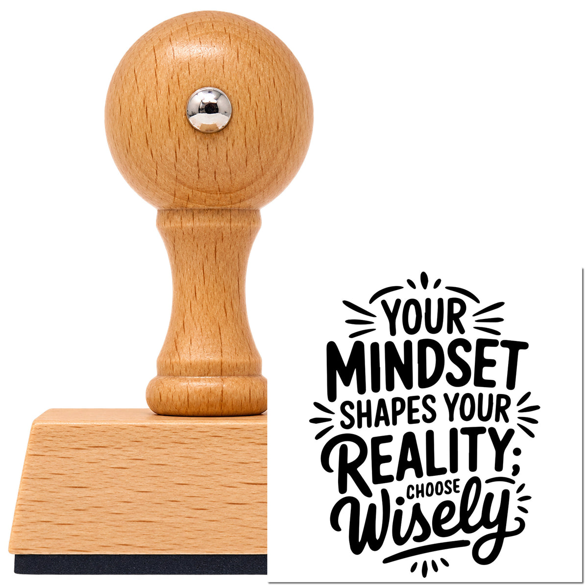 Mindset Shapes Your Reality Vintage Pro rubber stamp in European beech wood with a round knob handle, shown beside its black imprint.