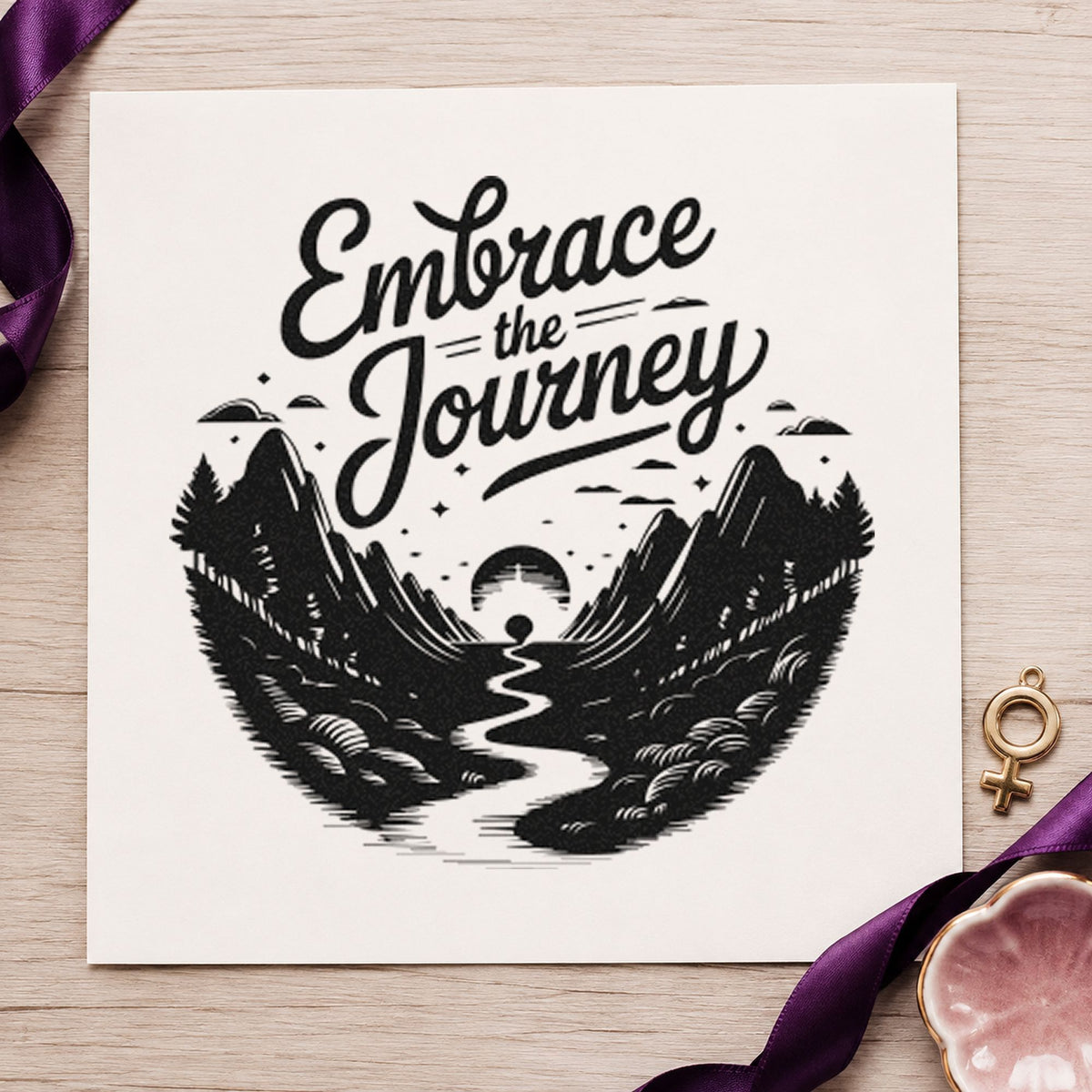 Embrace Journey Mountain Landscape craft stamp in black ink on cardstock, an easy option for park trip album page.