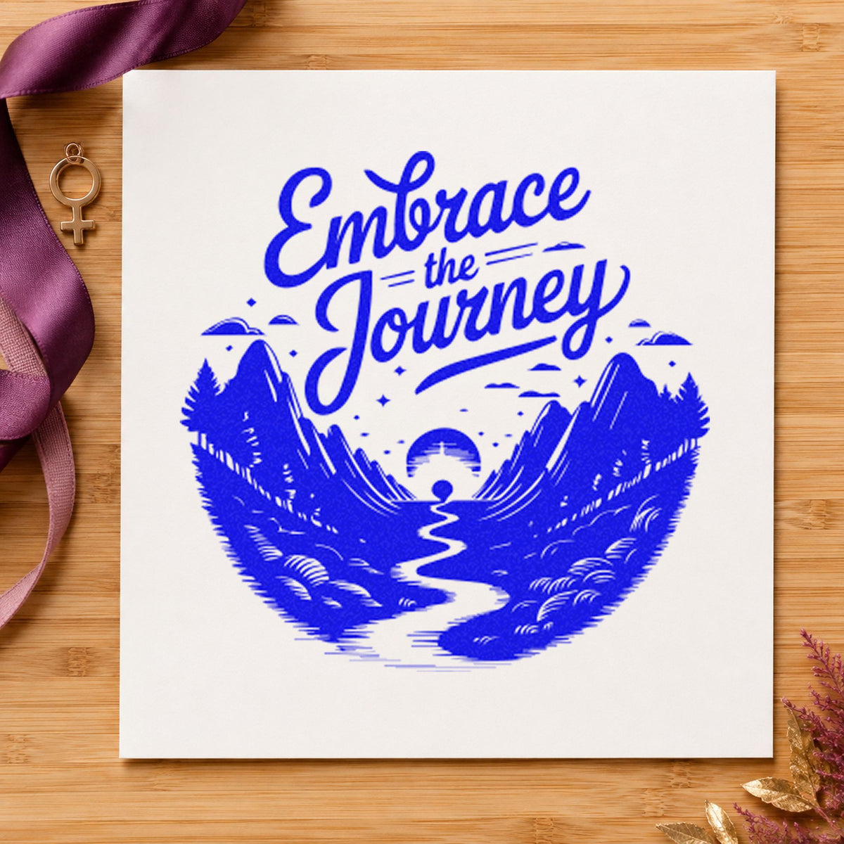 Embrace Journey Mountain Landscape craft stamp in blue ink on cardstock, an easy option for camp chair printing.