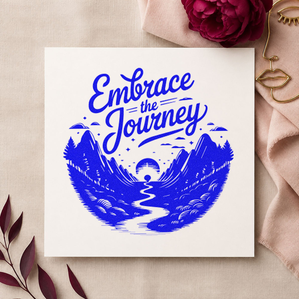 Embrace Journey Mountain Landscape craft stamp imprinted in blue ink on paper, a design suited to framed hall map.
