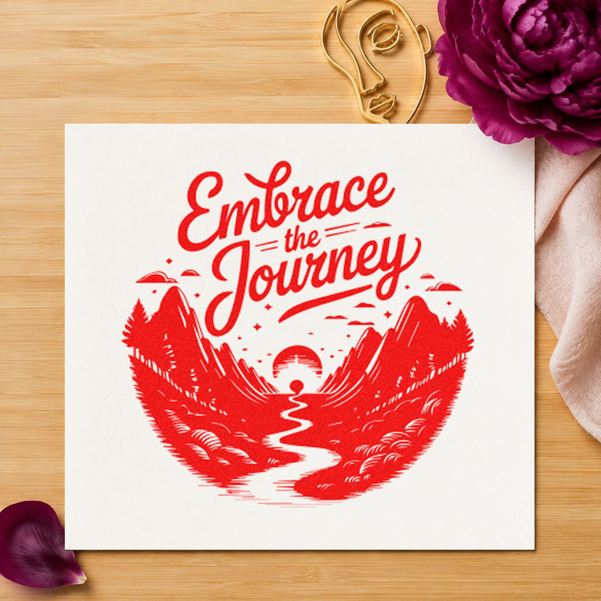 Embrace Journey Mountain Landscape rubber stamp shown in red ink, stamped for projects such as bin camp labels.