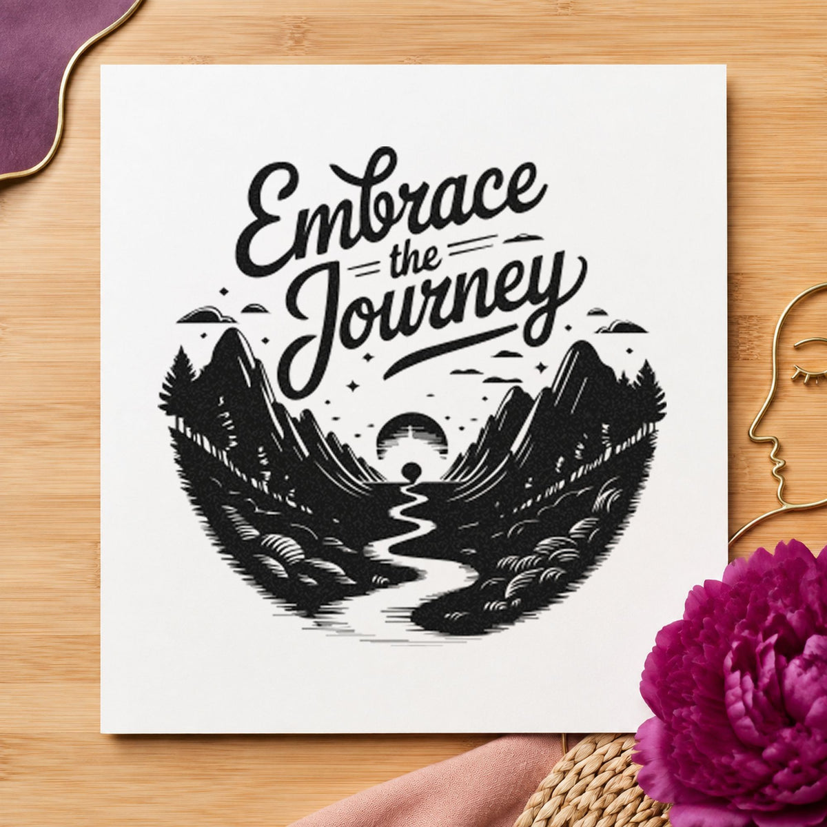 Embrace Journey Mountain Landscape rubber stamp printed in black ink, ready for mountain scene cards and similar paper crafts.