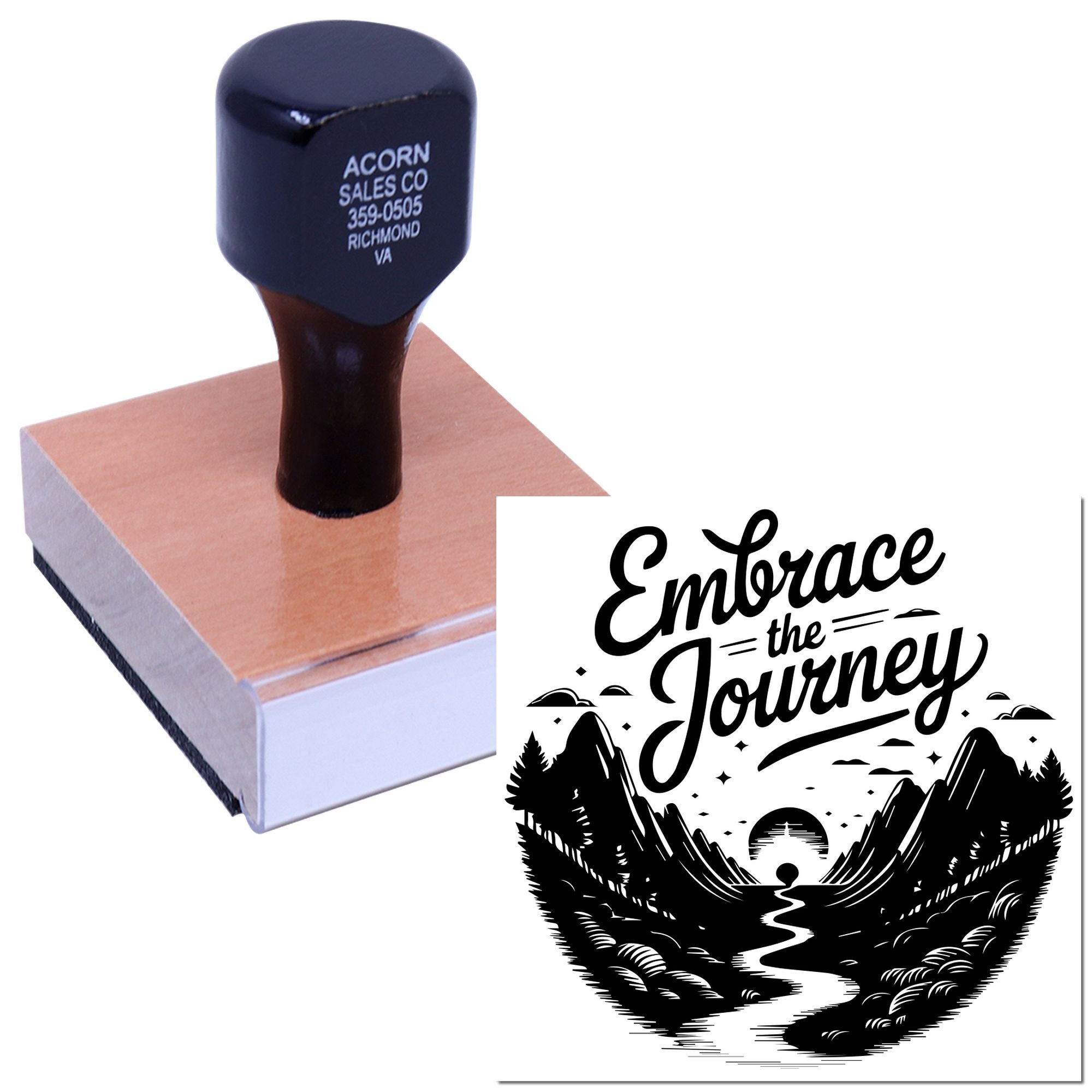 Custom rubber stamp showing business address imprint and Embrace the Journey mountain logo design sample.