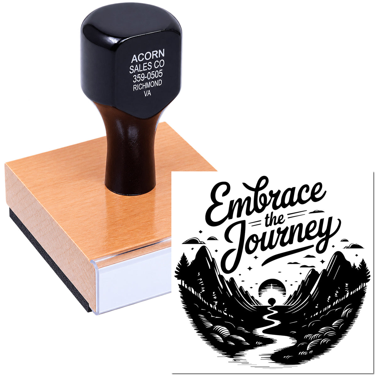 Custom rubber stamp showing business address imprint and Embrace the Journey mountain logo design sample.