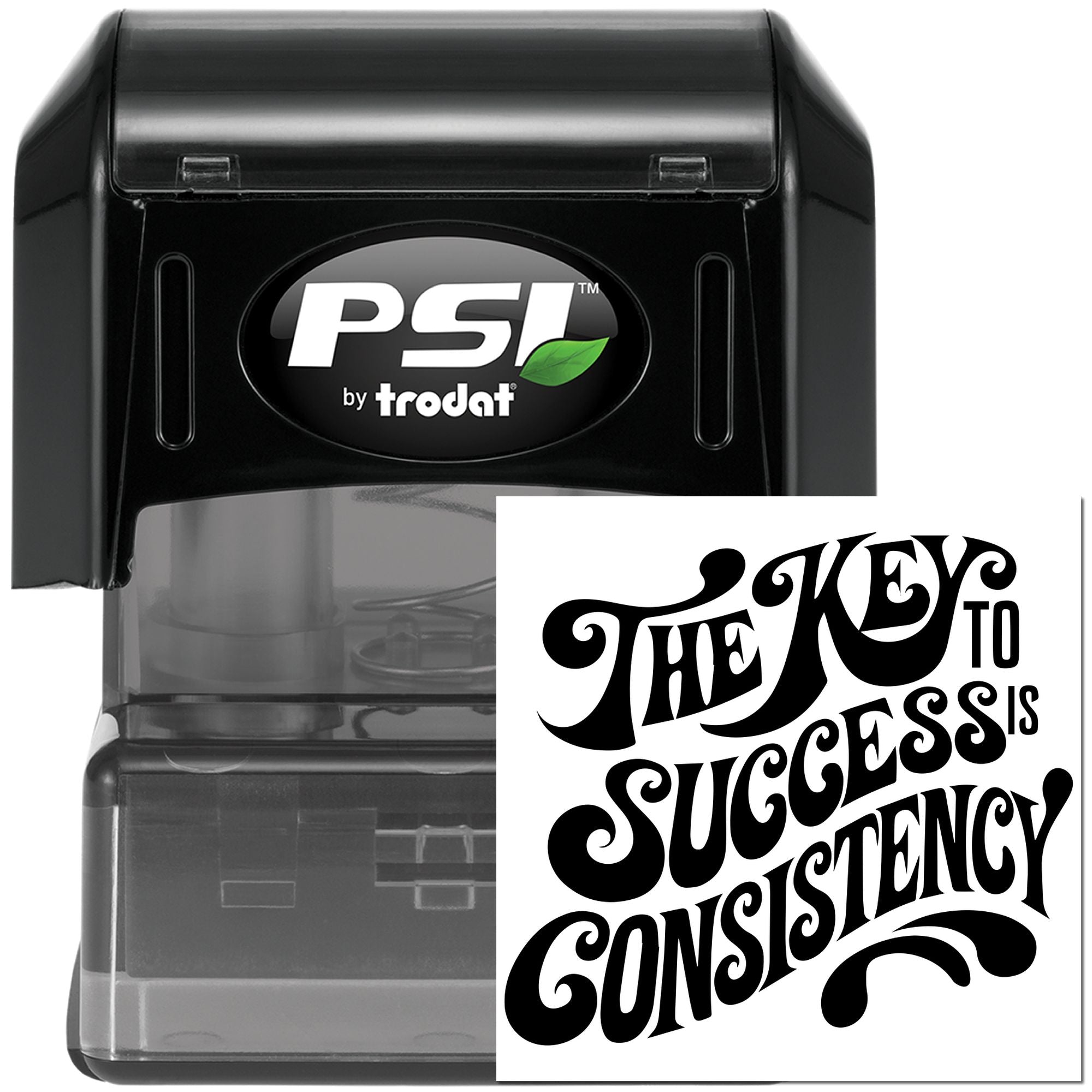 Custom self-inking rubber stamp with motivational quote, The Key to Success is Consistency, PSI by Trodat.