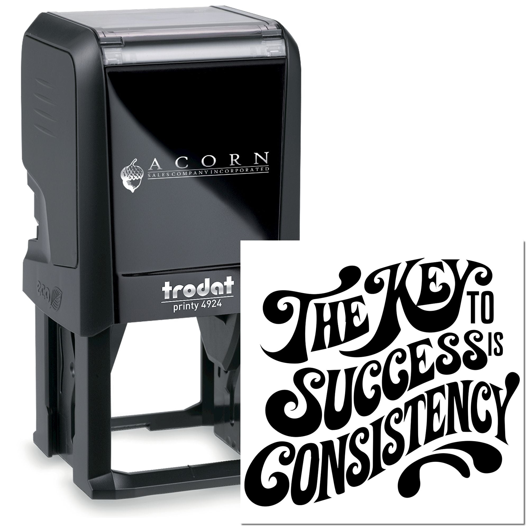 Custom self-inking rubber stamp with motivational quote The Key to Success is Consistency for business branding.