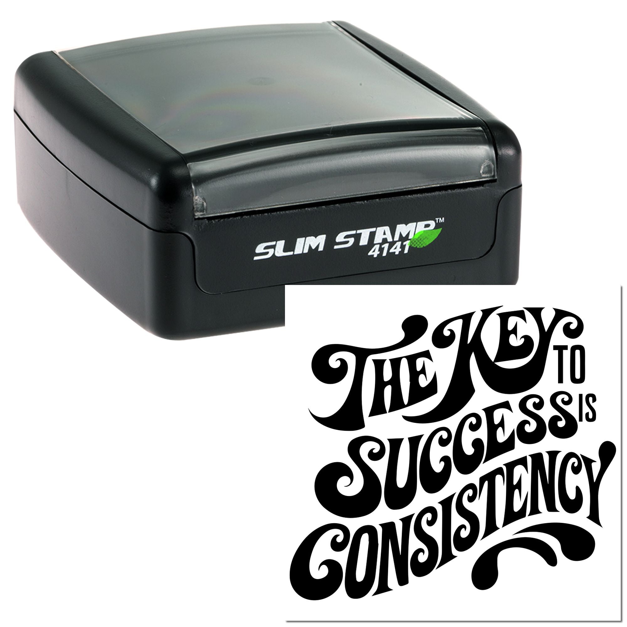 Self-inking custom rubber stamp with motivational quote impression: The key to success is consistency.