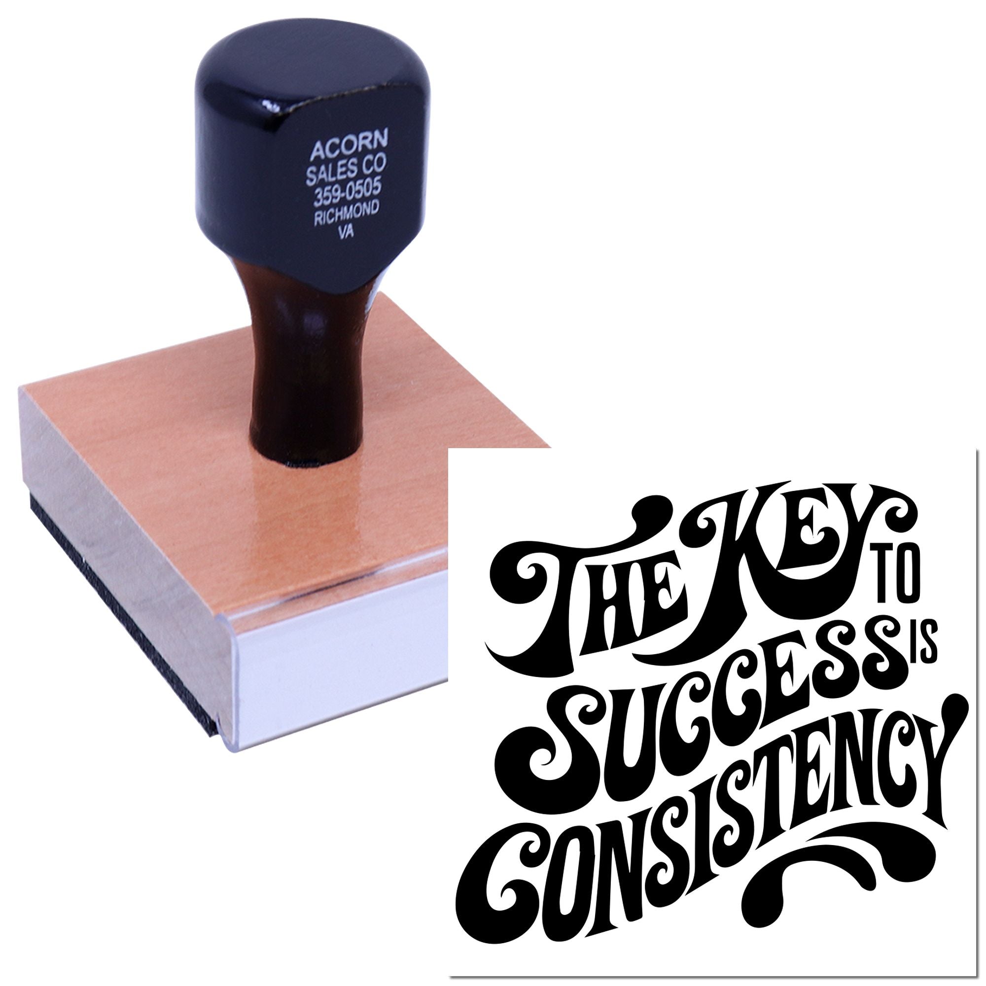 Custom rubber stamp featuring The Key to Success is Consistency for branding, packaging, and promotional use.