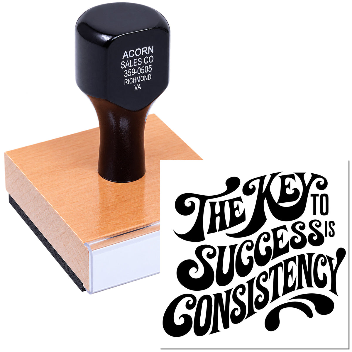 Custom rubber stamp featuring The Key to Success is Consistency for branding, packaging, and promotional use.