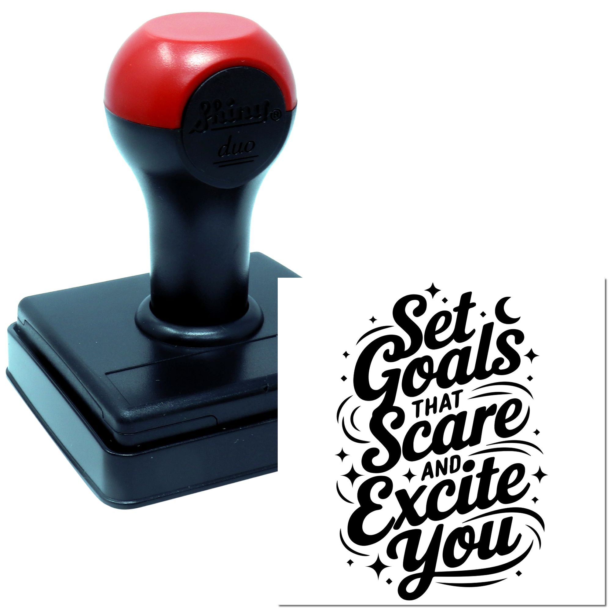 Custom self-inking rubber stamp with motivational quote, Set goals that scare and excite you, for planners and crafts.