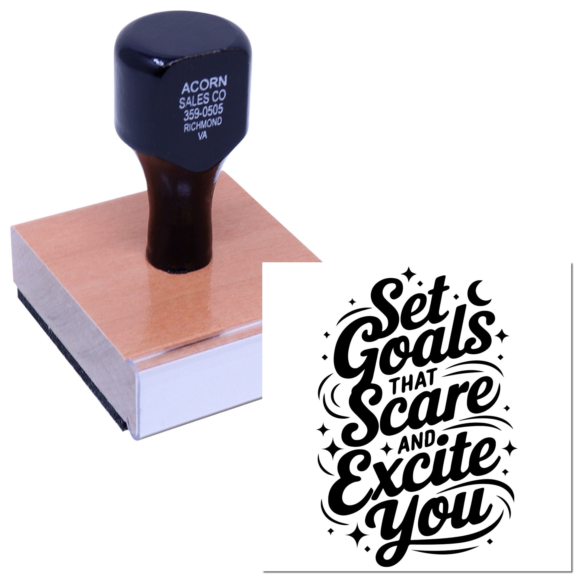 Custom rubber stamp with motivational quote, Set goals that scare and excite you, for inspiring planners, gifts, and crafts.