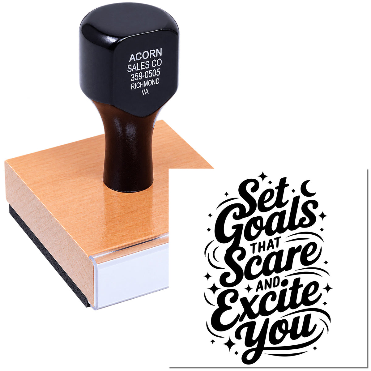 Custom rubber stamp with motivational quote, Set goals that scare and excite you, for inspiring planners, gifts, and crafts.