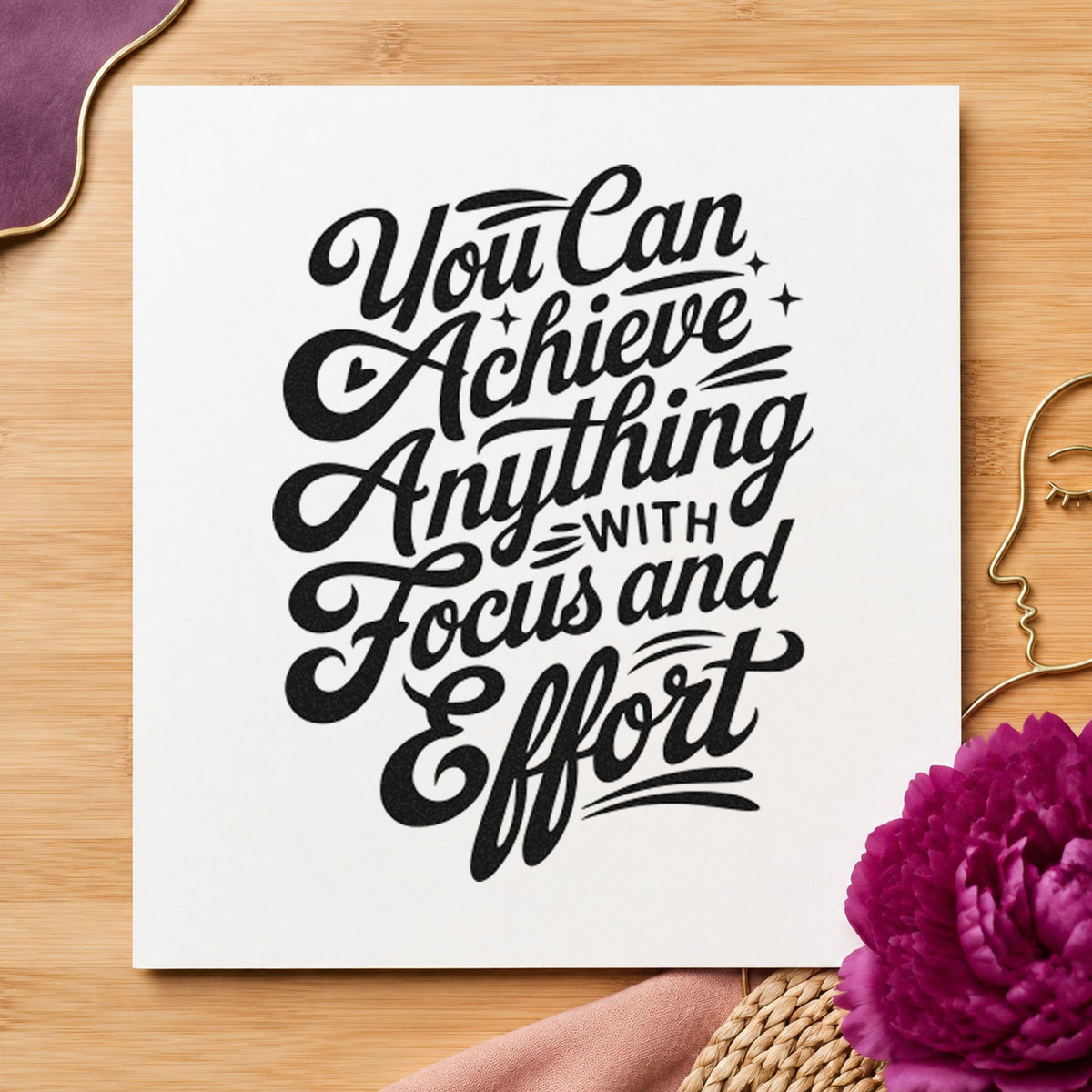 Achieve With Focus Effort craft stamp in black ink on cardstock, an easy option for field show album page.
