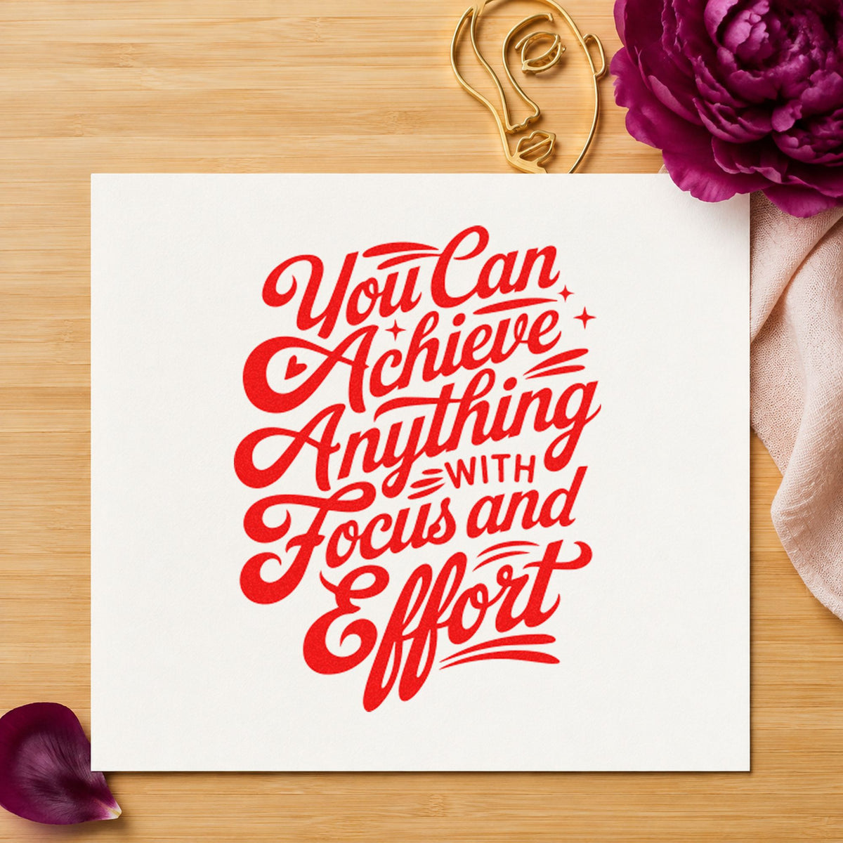 Achieve With Focus Effort craft stamp imprint in red ink on a handmade project, one idea being set note cards.