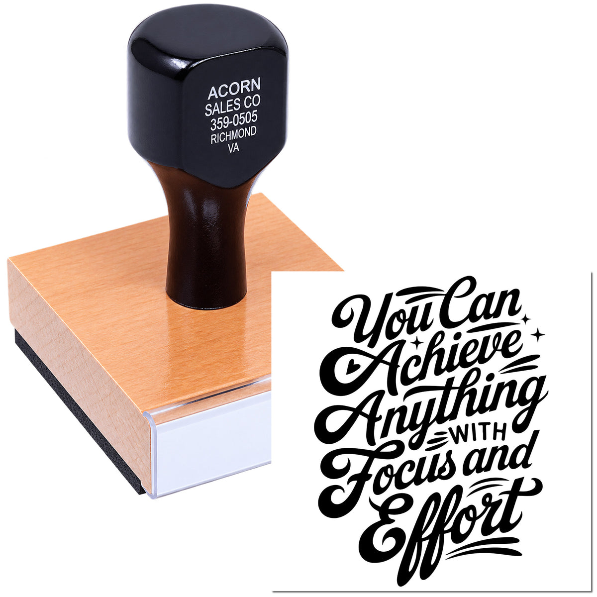Custom rubber stamp with motivational quote, You Can Achieve Anything with Focus and Effort, for business branding or inspiration.