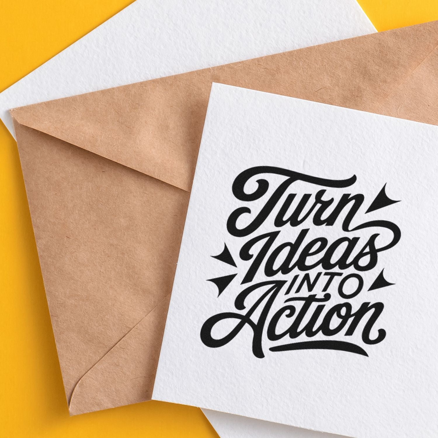 Custom rubber stamp design reading Turn Ideas Into Action on stationery, ideal for business branding and packaging.
