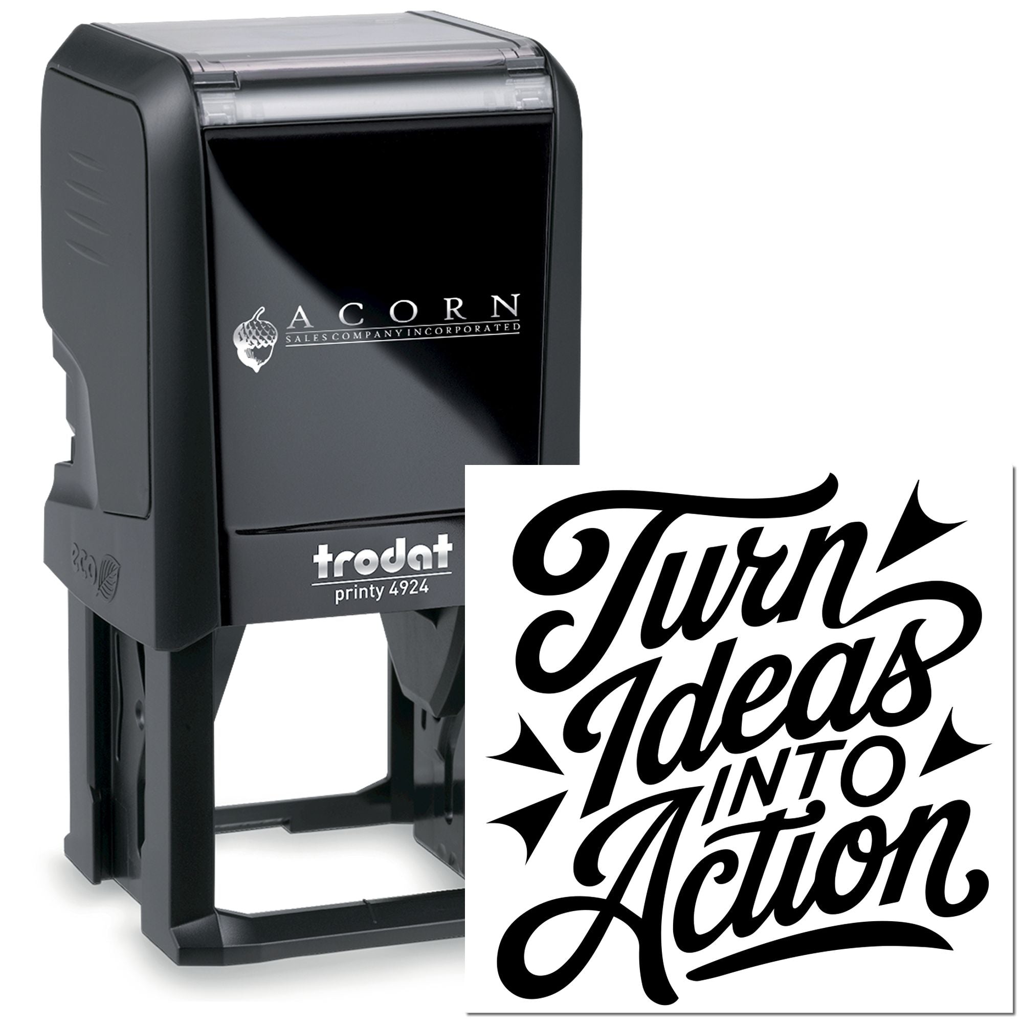 Trodat Printy 4924 self-inking rubber stamp with custom logo and Turn Ideas Into Action imprint for business branding.