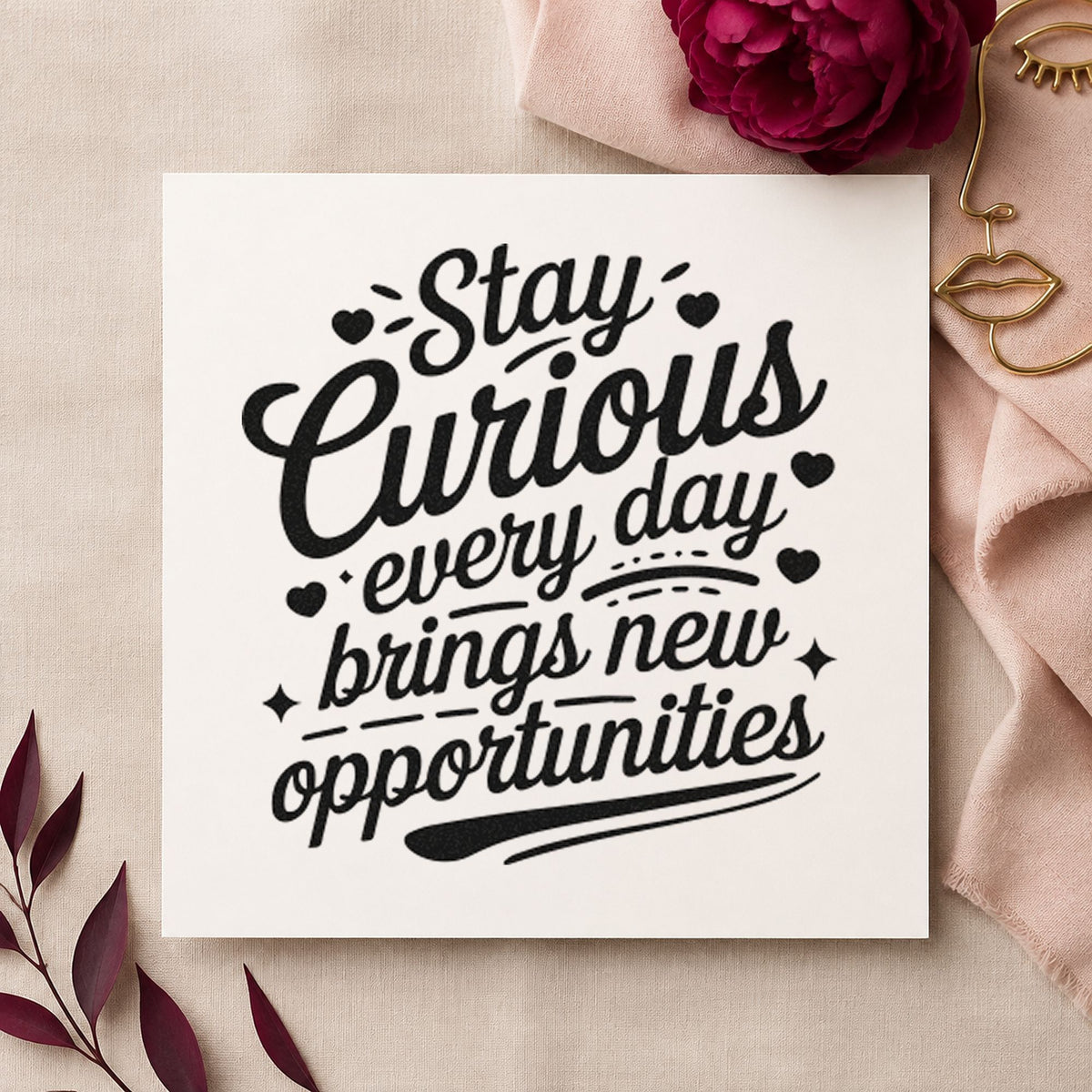 Stay Curious Every Day craft stamp in black ink on cardstock, an easy option for experiment album page.