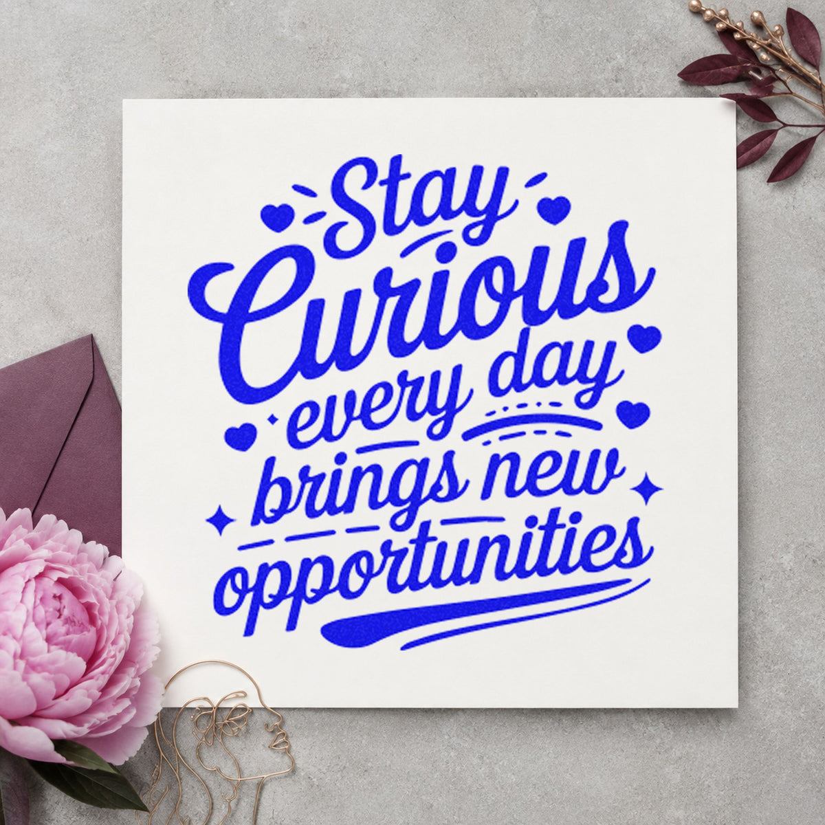 Stay Curious Every Day craft stamp in blue ink on cardstock, an easy option for table cover printing.