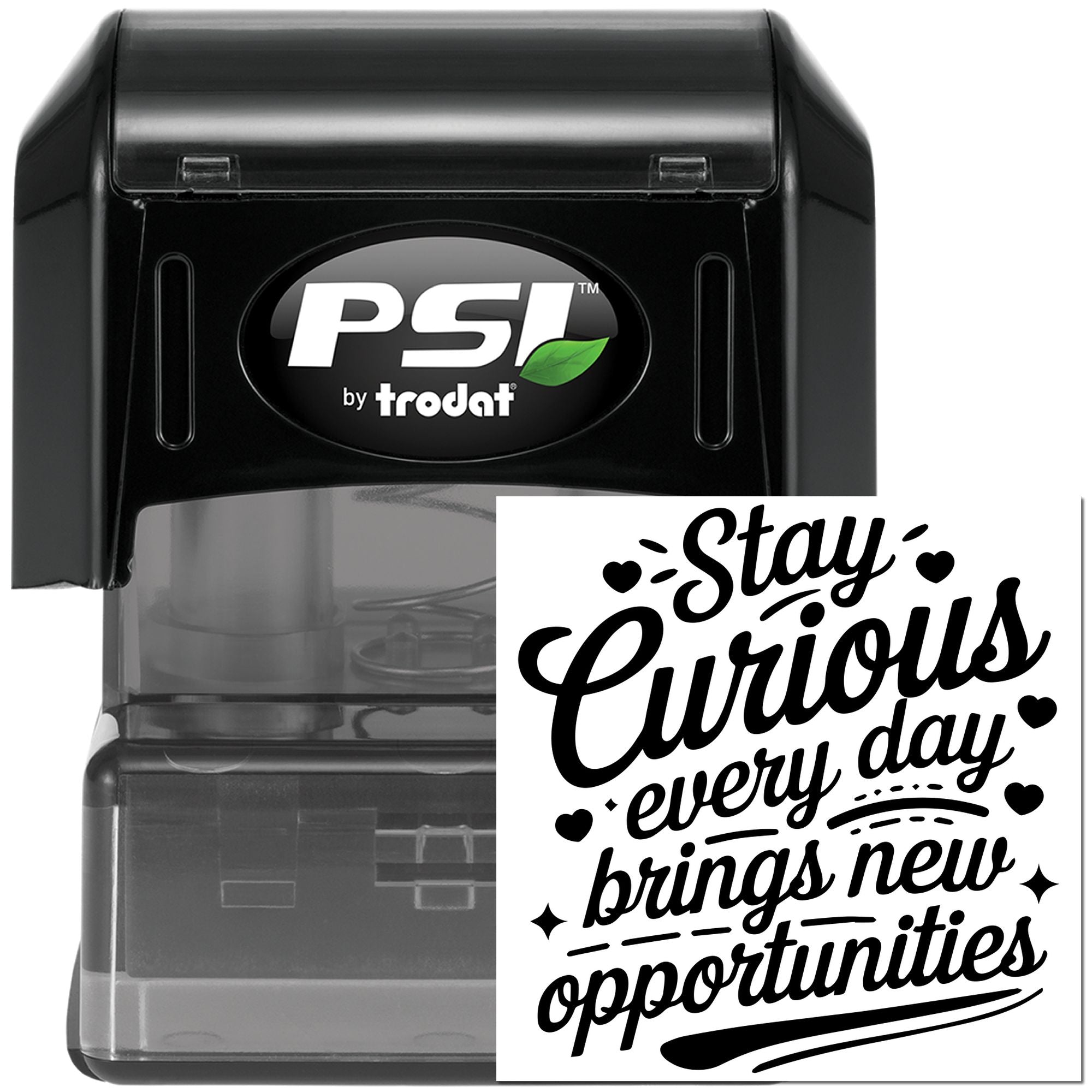 PSI by Trodat self-inking rubber stamp with Stay Curious motivational quote for crafts, planners, and business branding.