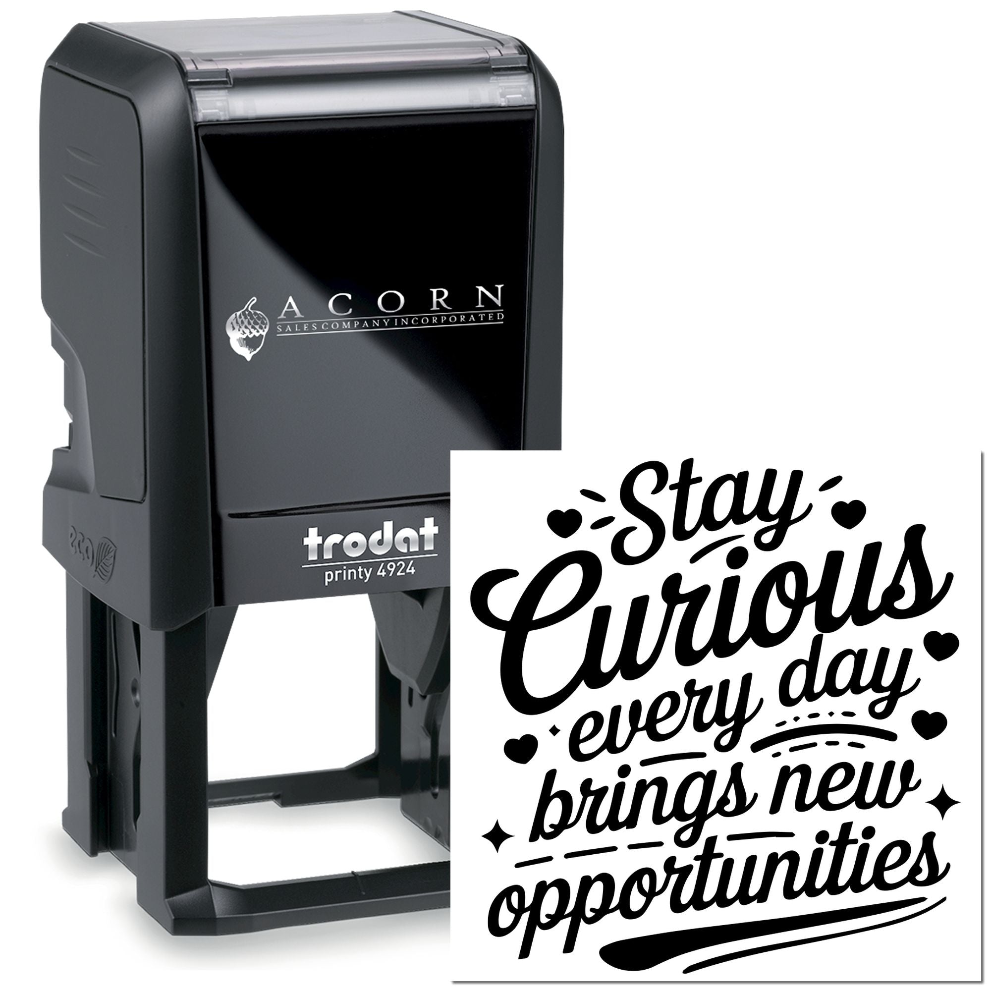 Trodat Printy 4924 self-inking rubber stamp with Stay Curious motivational quote design