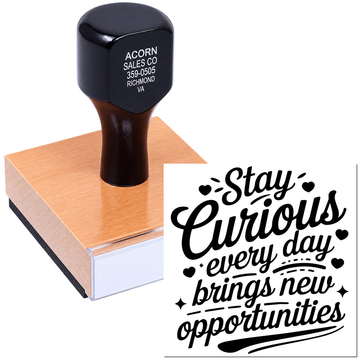 Custom rubber stamp with Stay Curious, every day brings new opportunities for crafting and stationery branding.