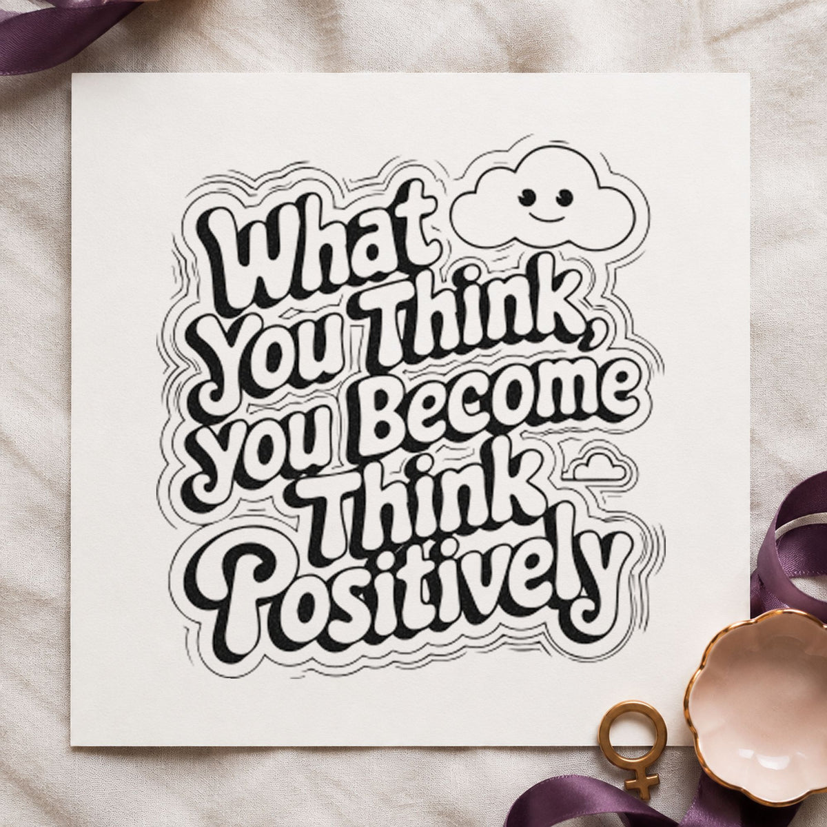 Think Positive Smiling Cloud craft stamp in black ink on cardstock, an easy option for announce album page.