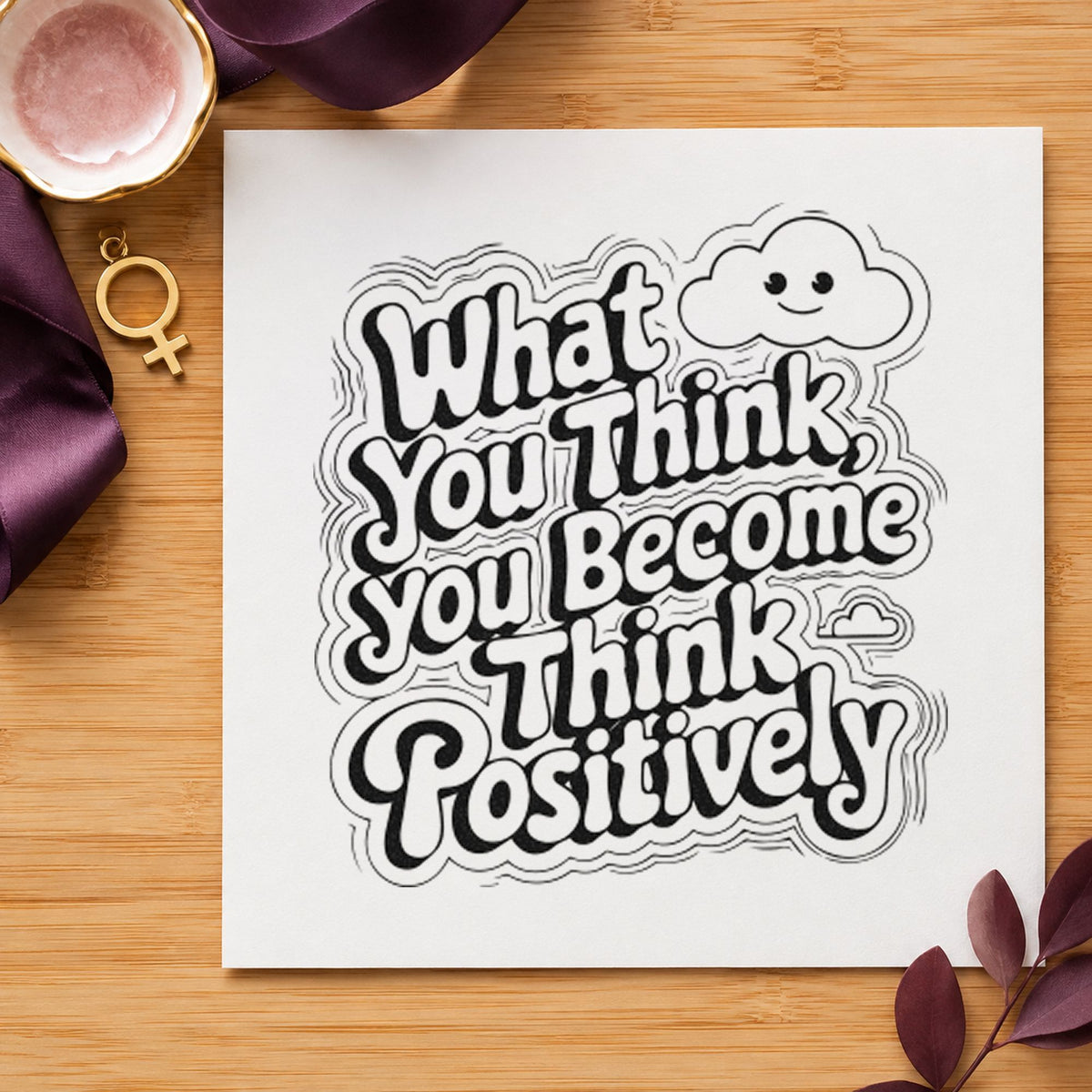 Think Positive Smiling Cloud craft stamp imprint in black ink on a handmade project, one idea being script pack gift tags.