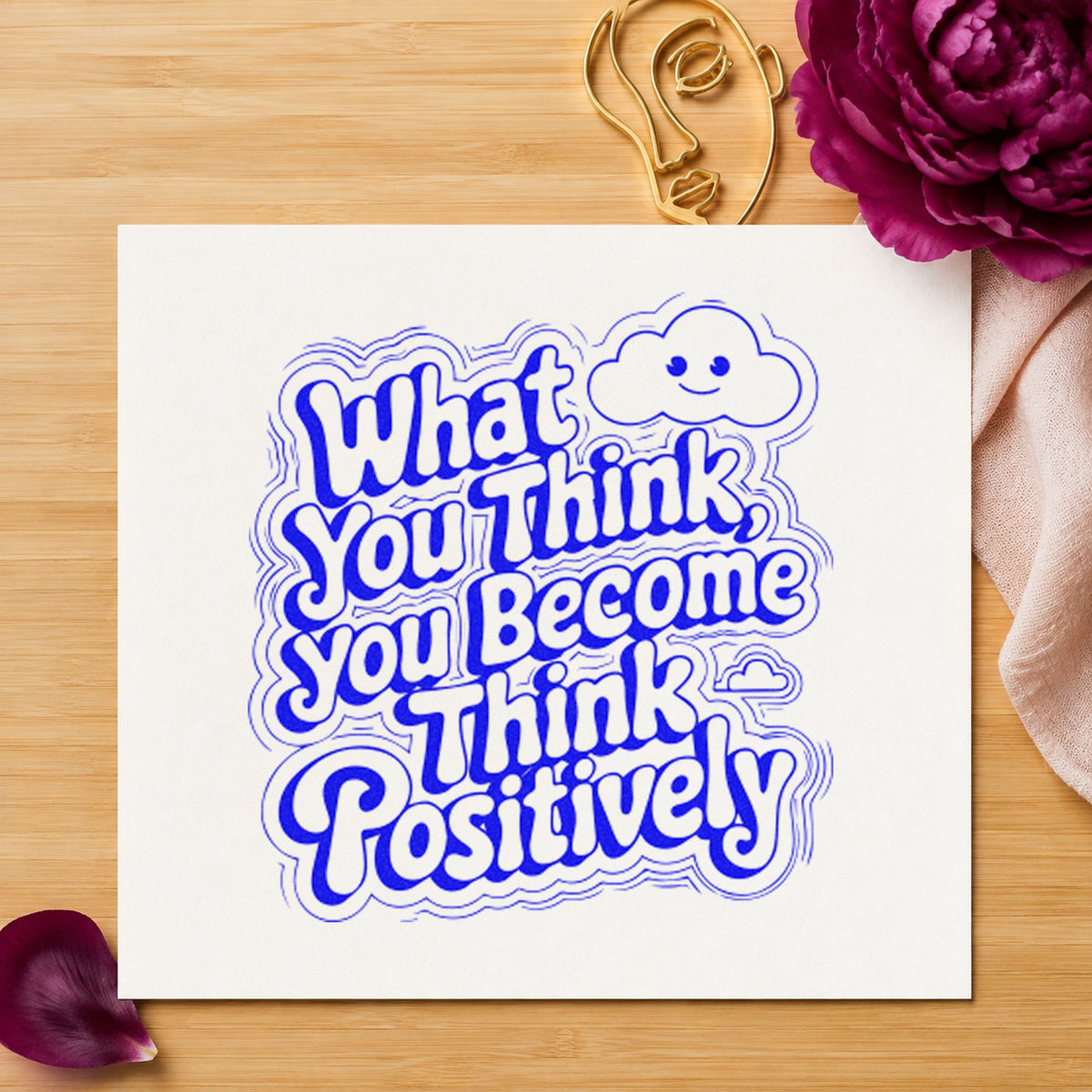 Think Positive Smiling Cloud craft stamp imprinted in blue ink on paper, a design suited to framed office booth.
